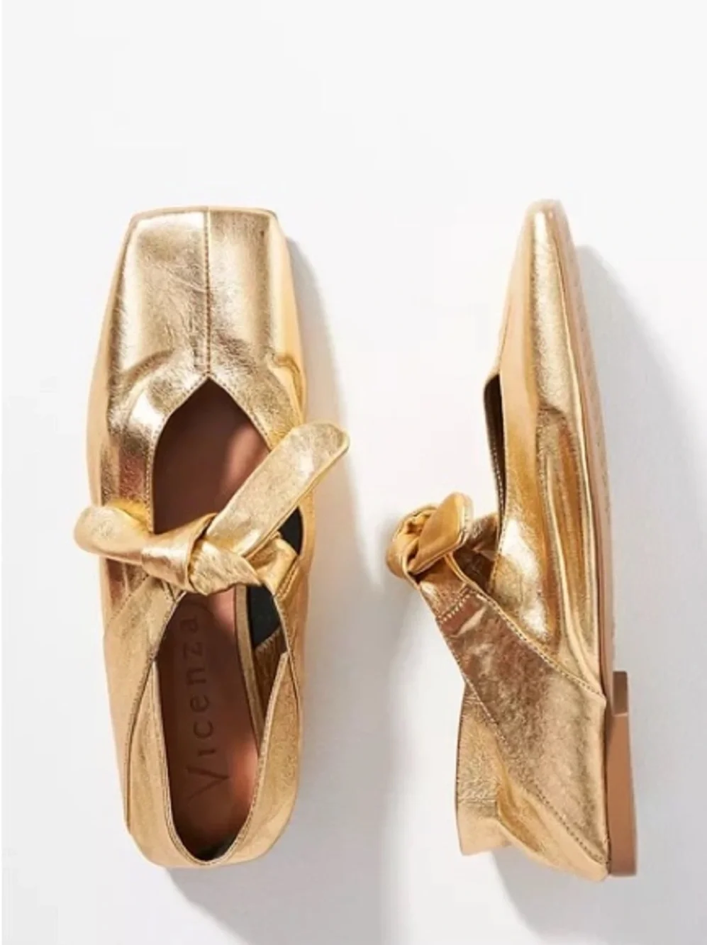 Vicenza Anthropologie Gold Metallic Square Toe Bow Mary Jane Ballet Flats Size 8